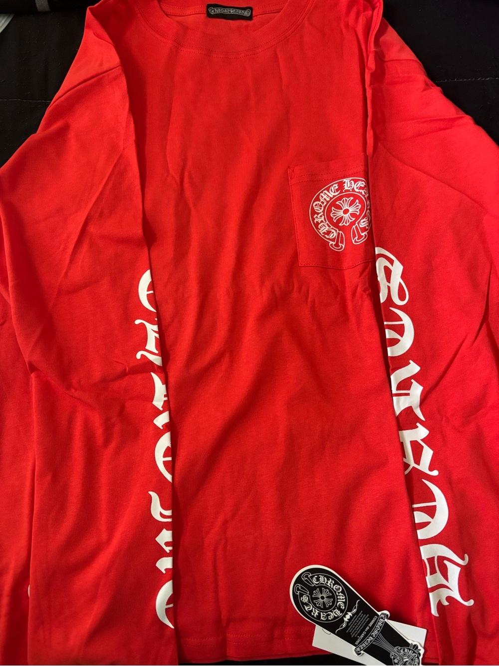 Chrome Hearts Bright Red Long Sleeve Pocket Tee with White Sleeve Script